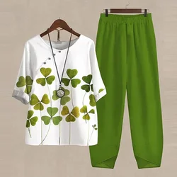 Summer 2 Piece Set Women Loose Short Sleeve Shirt Top High Waist Pants Flower Print Outfits Ladies Elegant Vintage Suit Fall