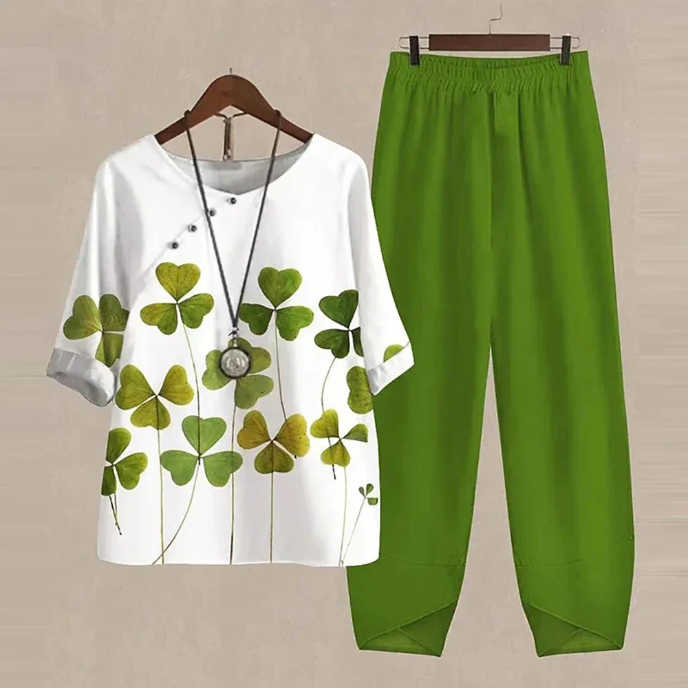 Letni 2-częściowy zestaw damski Luźna koszula z krótkim rękawem Top Spodnie z wysokim stanem Kwiatowy nadruk Stroje damskie Elegancki garnitur vintage Jesień