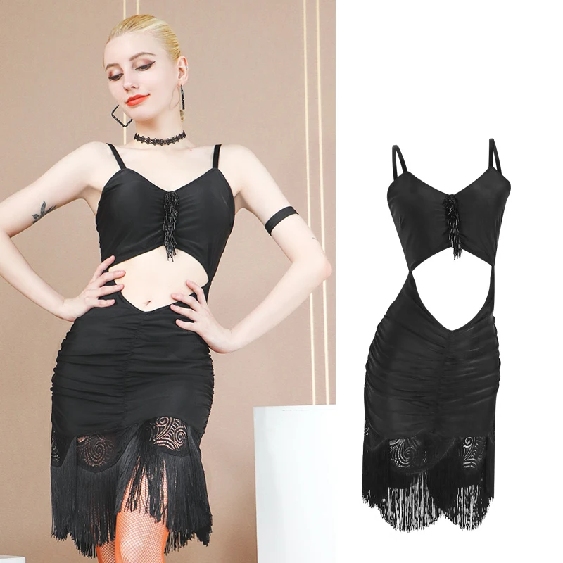 

Black Sexy Backless Dress Latin Dance Practice Dress For Women Chacha Rumba Tango Latin Dance Fringed Dress Latin Wear DN12912