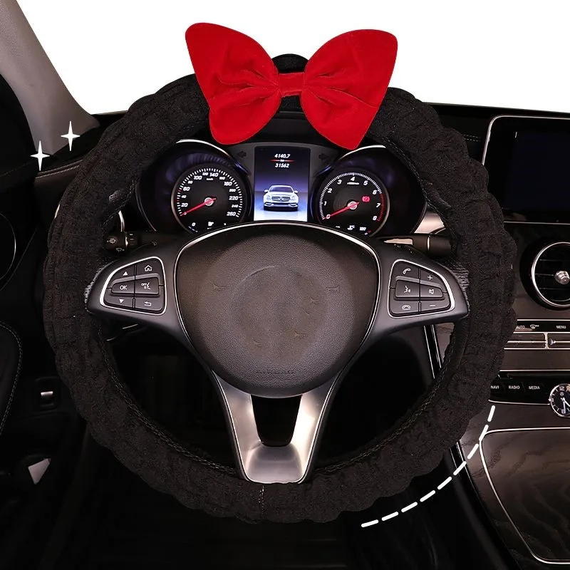 Three Color Cute Car Steering Wheel Cover Bowknot Four Seasons Universal Sweat-absorbing Non-slip Handlebar Covercar Decorations