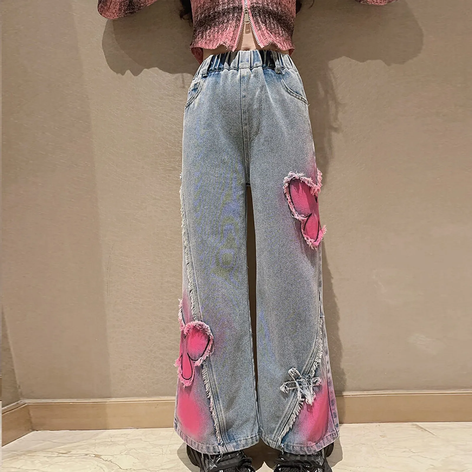 

Girls Jeans elastic waist wide leg pants high waisted denim pants trendy butterfly embroidered jeans kids jeans 4-14 Years