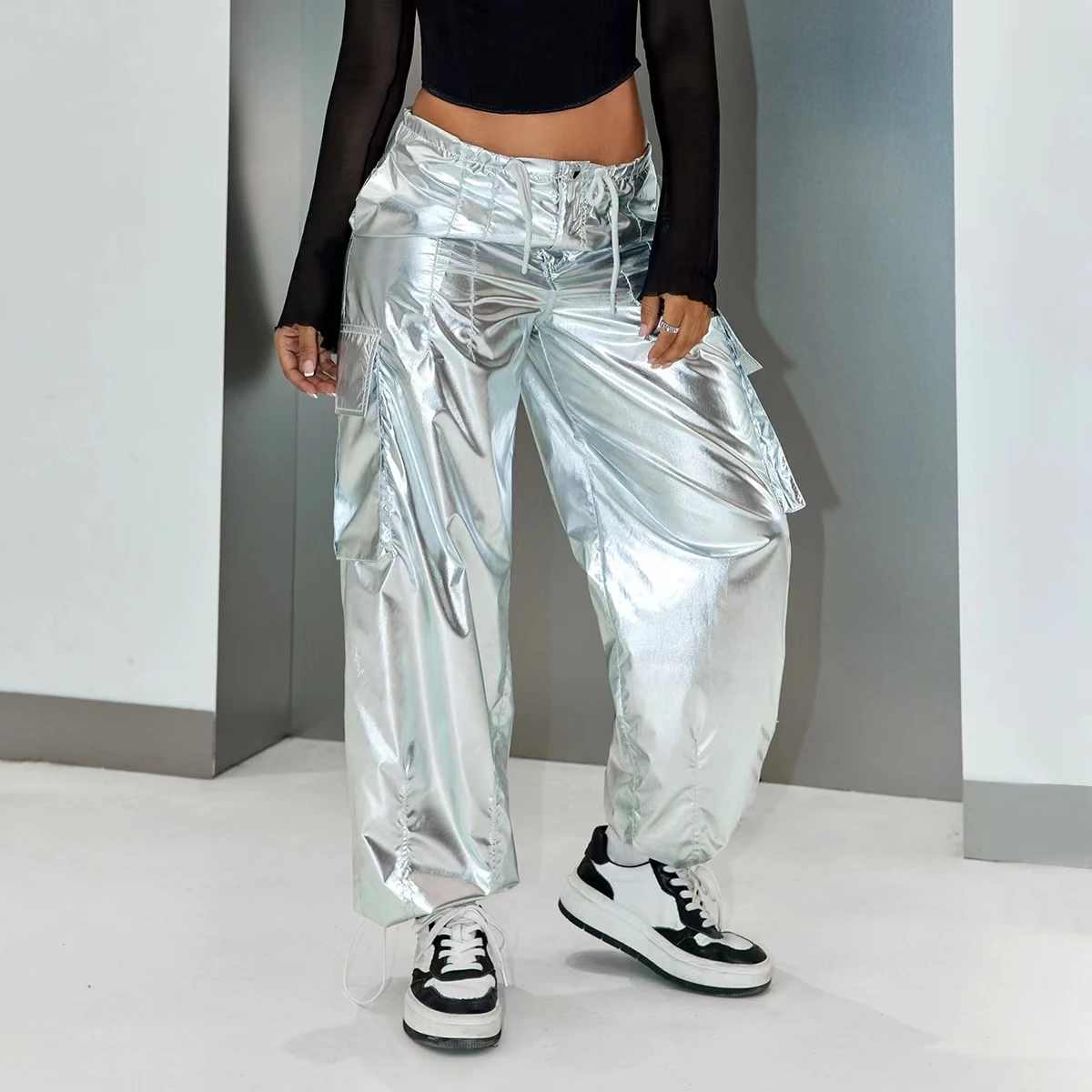 Y2K Street Flap Pocket Drawstring Waist Silver Metallic Loose Wide Leg Cargo Parachute Pants Festival Outfits