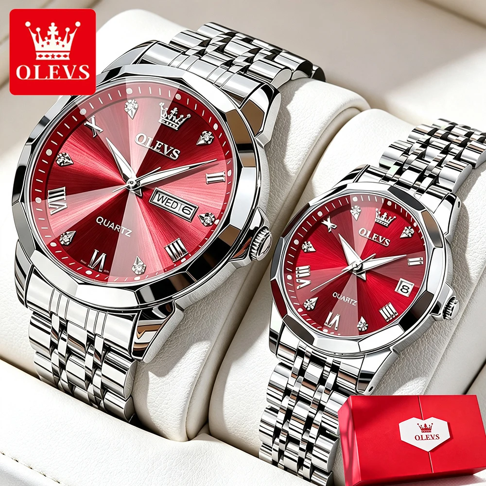 OLEVS Couple Watches Trend Fashion Original Quartz Wristwatch Waterproof Luminous Exquisite Gift Box Man and Woman Watch 2pcs