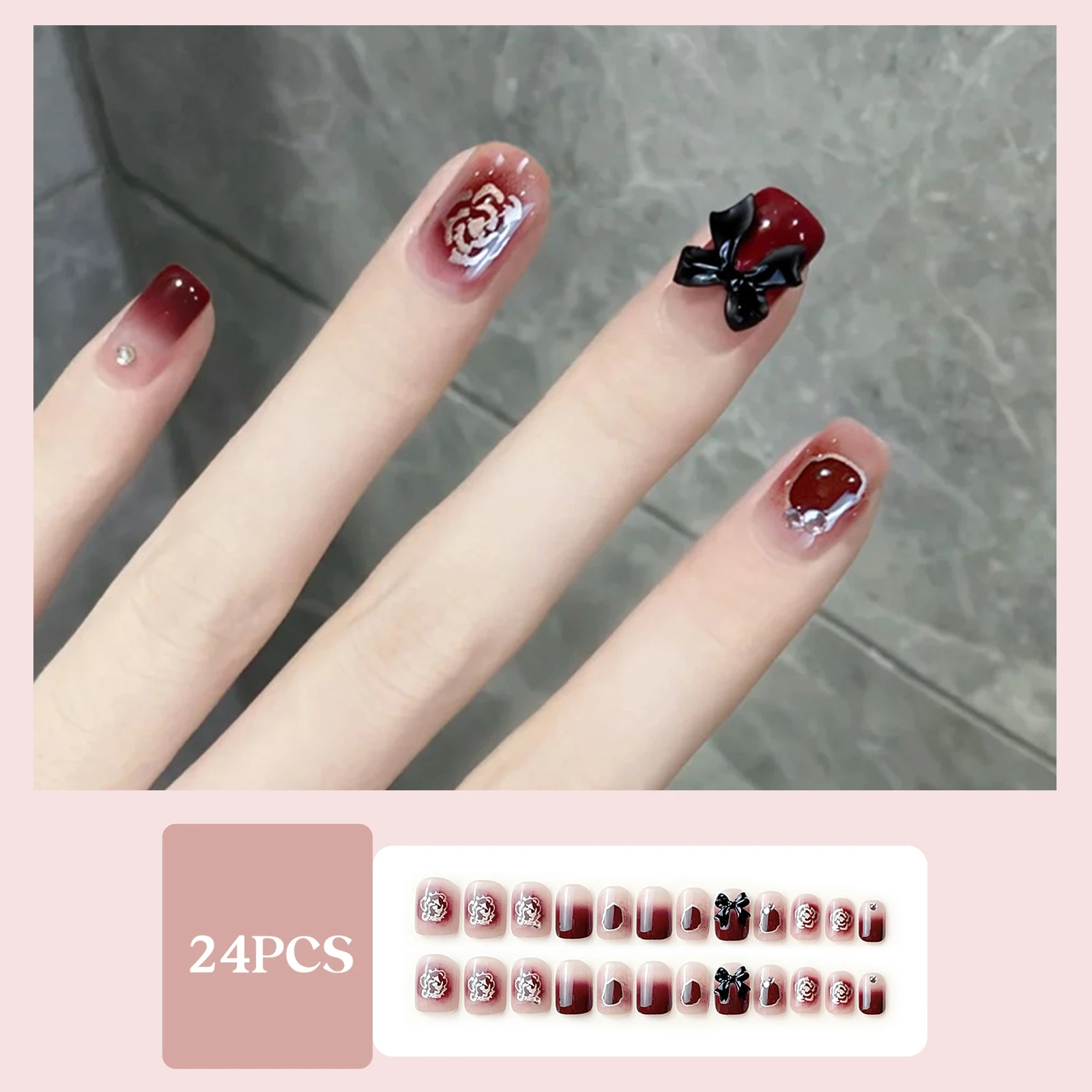 24Pcs False Nail Tips Glossy Red Gold Resin Press On Nails for New Year Party Wedding Holiday Wear Durable High-Toughness