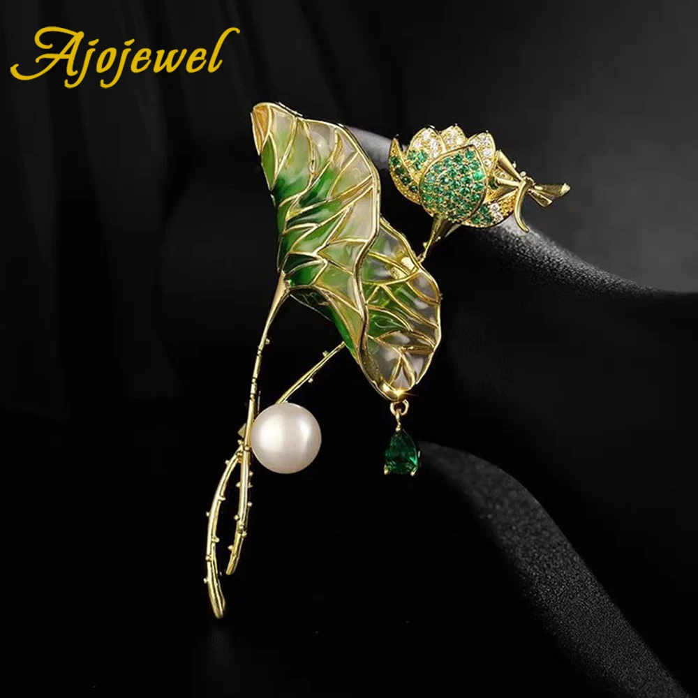 Ajojewel, broche de hoja de loto de cristal esmaltado de lujo para mujer, regalo de mujer a la moda, estilo chino