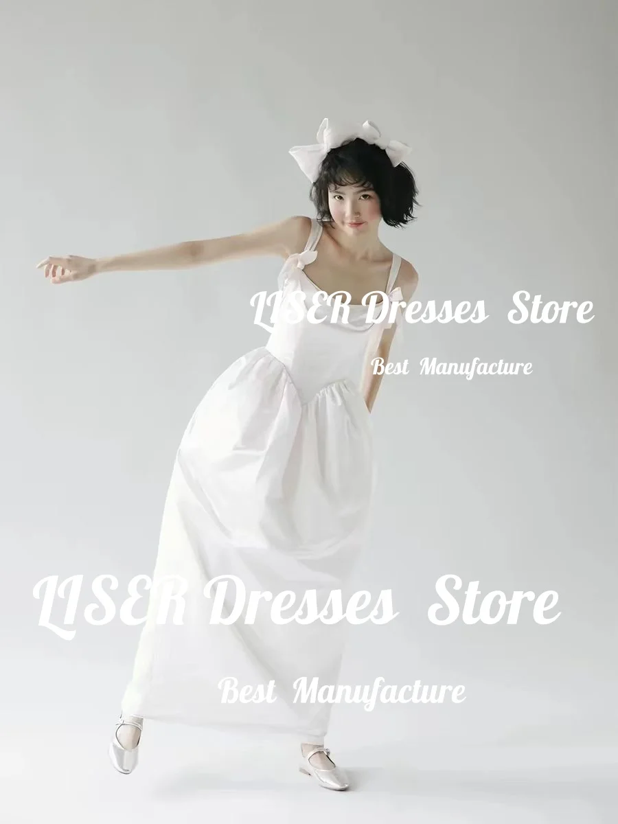 Liser Sweet Bow Wedding Dress Spaghetti Straps Satin Korea Photo Shoot Bridal Gown Customized Evening Birthday Party Dresses