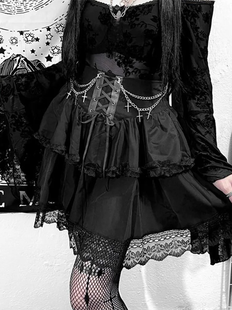 AltGoth Halloween Dark Gothic Skirt Women Vintage Streetwear Y2k Cyberpunk Chain Cross Lace-up Corset Skirt Harajuku Cake Skirt