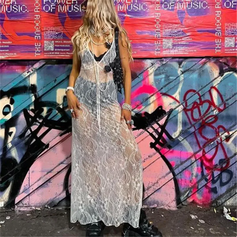 

Lace Floral Sheer Tank Dress Summer Women's Sleeveless V Neck See Through Cover-up Long Dress Y2K Streetwear Party Dress