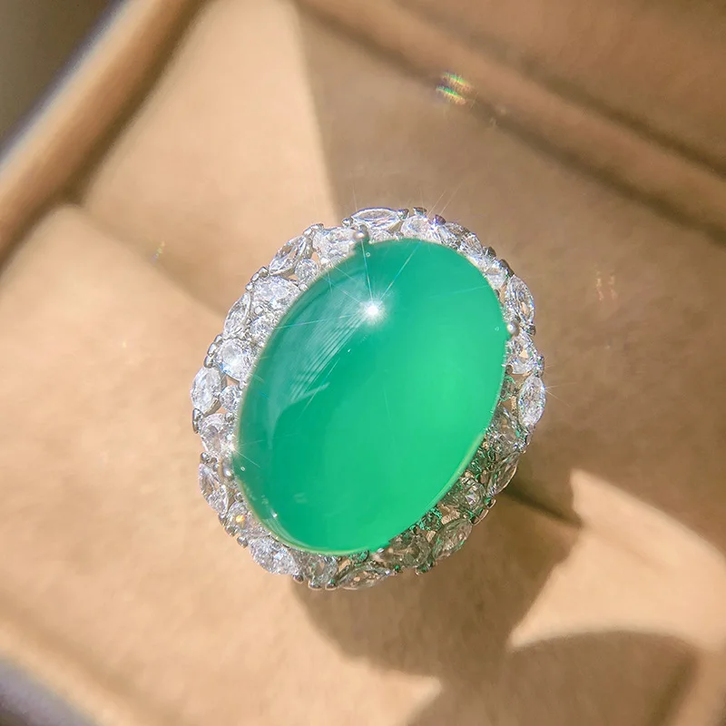 Jewelry Ice Fluorescent Egg-Shaped Chalcedony Pendant Ring Earrings Geometric Plain Jade Pendant Set