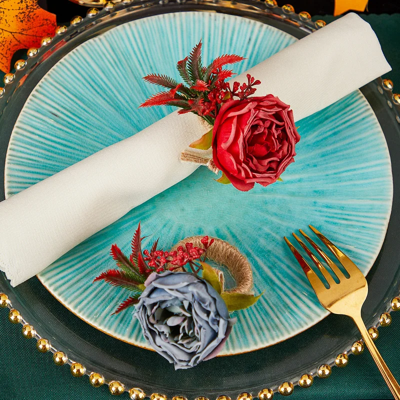 

Linen Napkin Rings: Realistic Rose & Jute Rope Forest-Themed Creative New Design, for Western Luxury Restaurant Table Setting