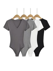 Summer Short Sleeve V-neck Rib Knitted Bodysuits Women Elastic Slim Black White Top Jumpsuits