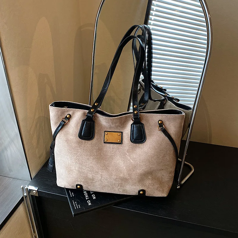 Осенне-зимние винтажные сумки большой вместимости для женщин, модные повседневные сумки из искусственной замши на одно плечо, сумки подмышки, дорожная сумка-тоут Осенне-зимние винтажные сумки большой вместимости для женщин, модные повседневные сумки из искусственной замши на одно плечо, сумки подмышки, дорожная сумка-тоут