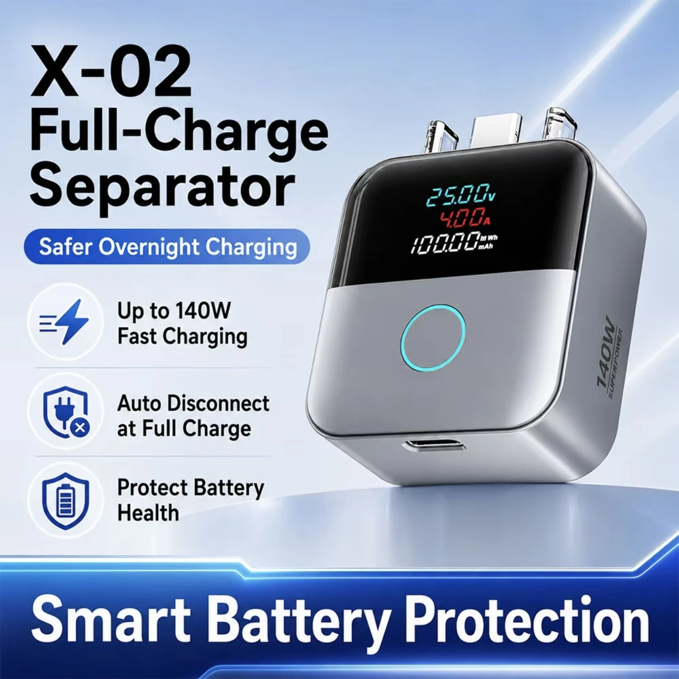 USB-C Charging Separator 140W AI Smart Auto Power-off Adapter Digital Display Data Cable Overcharge Protection for Phone Tablets