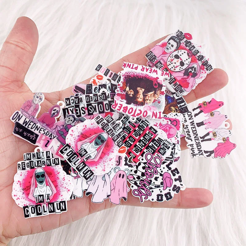 Mixed 20/50PCS Acrylic Pink Halloween Charms Flat Back Planar Pendants for DIY Earrings Hairpin Jewelry Making