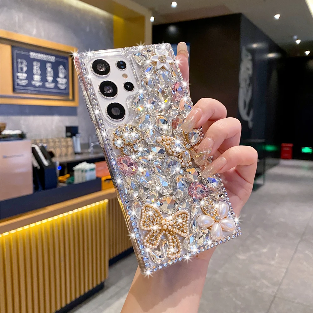 Etui Bling Butterfly Flower Case dla Samsung Galaxy S26 S25 Ultra S24 S23 S22 S21 Plus Note20 Glitter Rhinestone Silver Diamond Cover