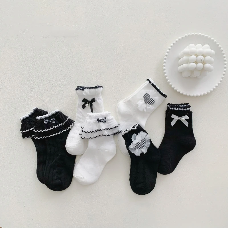 

Princess Girls Lace Socks Black White Ruffle Brim Children Cotton Sock Love Bow Kids Mid Tube Socks Sweet Baby Footwear 3-5Year