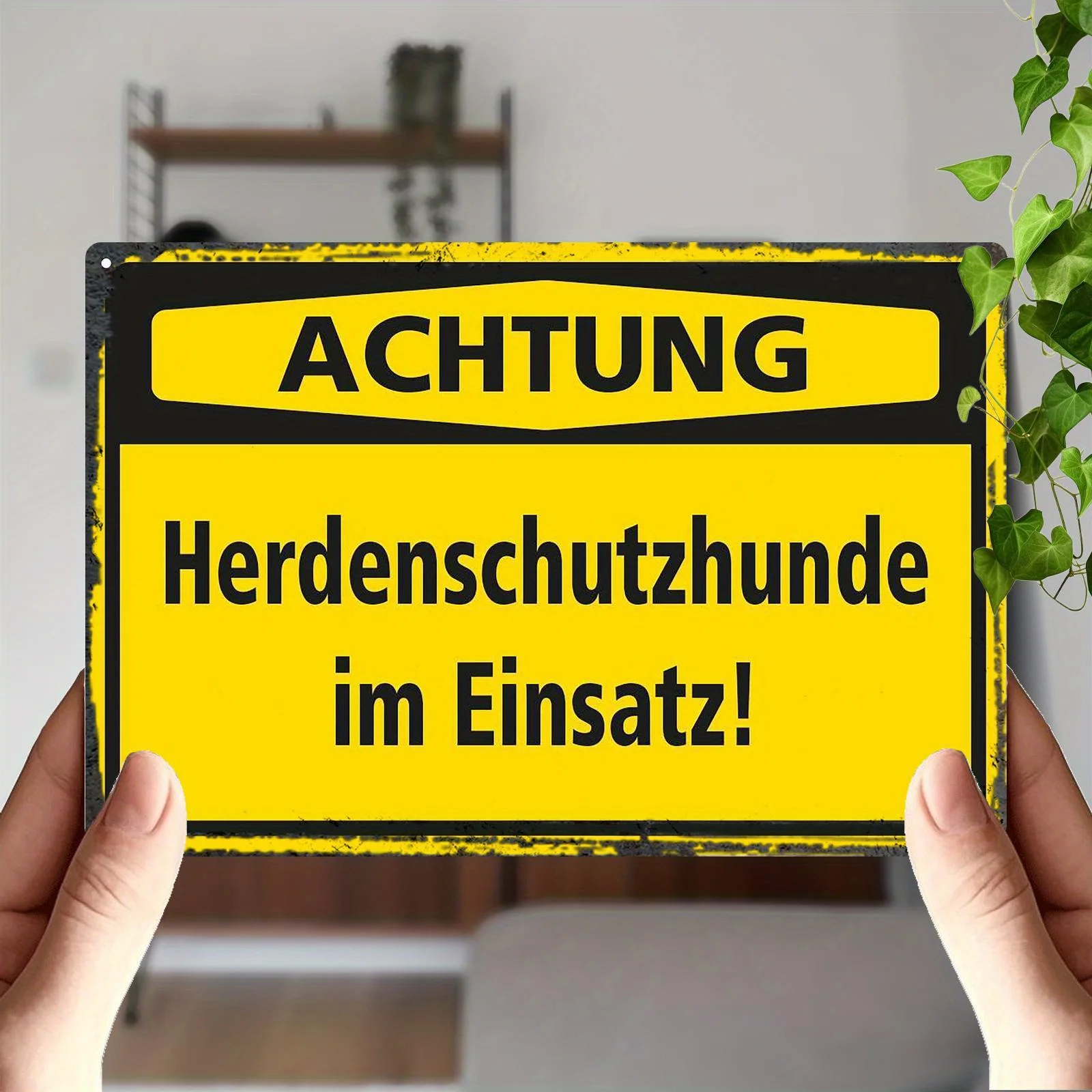 2D Flat Aluminum German Caution Wall Art 8X12in Herdenschutzhunde Im Einsatz Yellow Black Guard Dog Themed Outdoor Home Decor