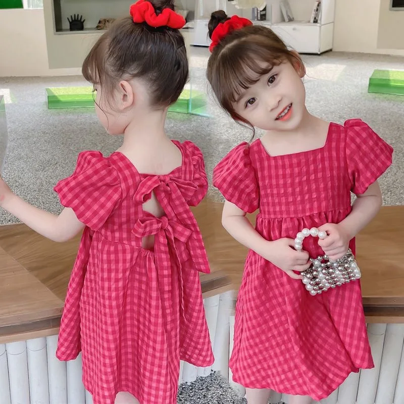 2025 New Children's Dress Girls' Summer Korean Edition Fashion Bubble Sleeves Checkered Strap Backless Dress 1-6Y