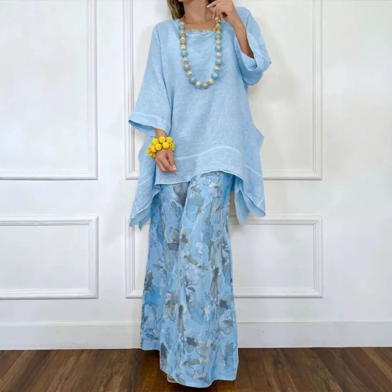 Boho Holiday Two Piece Outfits for Women Casual O-Neck 3/4 Sleeve Tops and Floral Print Wide Leg Pants Set New Loose Summer Suit view 5