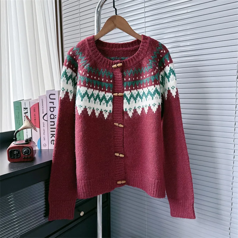 Damski kardigan z dzianiny z guzikami w kształcie rogu Fair Isle, czerwony, warstwa wierzchnia, leniwy styl, sweter z długim rękawem na jesień/zimę