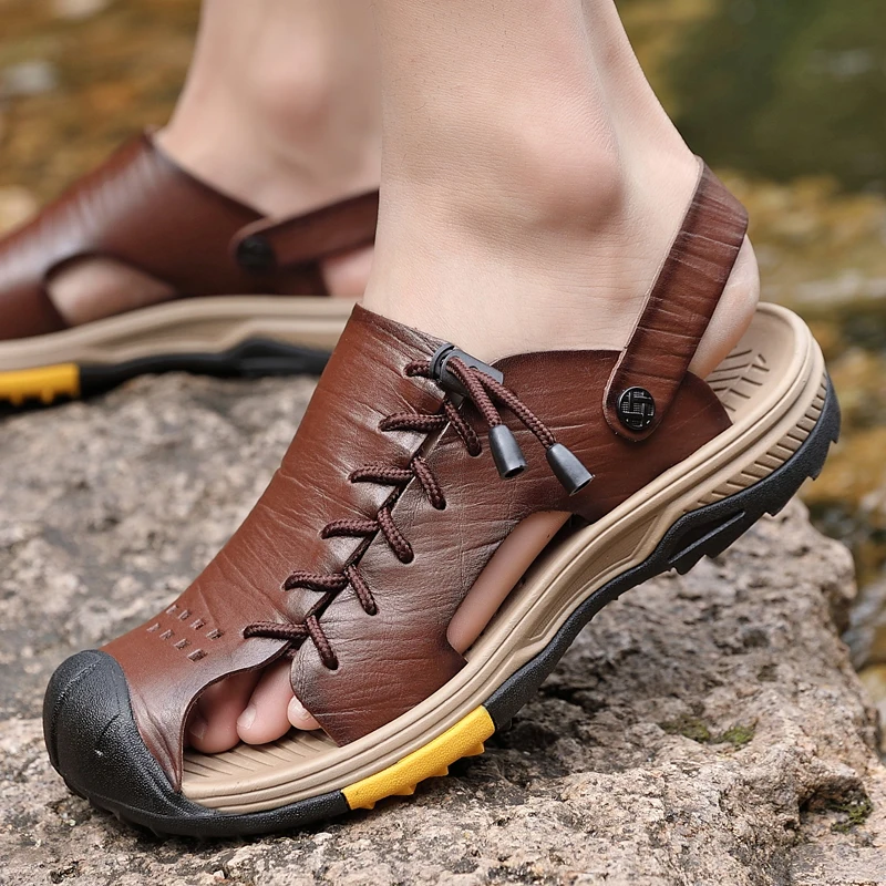 Plus Size Hand Stitching Genuine Leather Men Sandals Summer Outdoor Men Beach Sandals For Men Walking Shoes