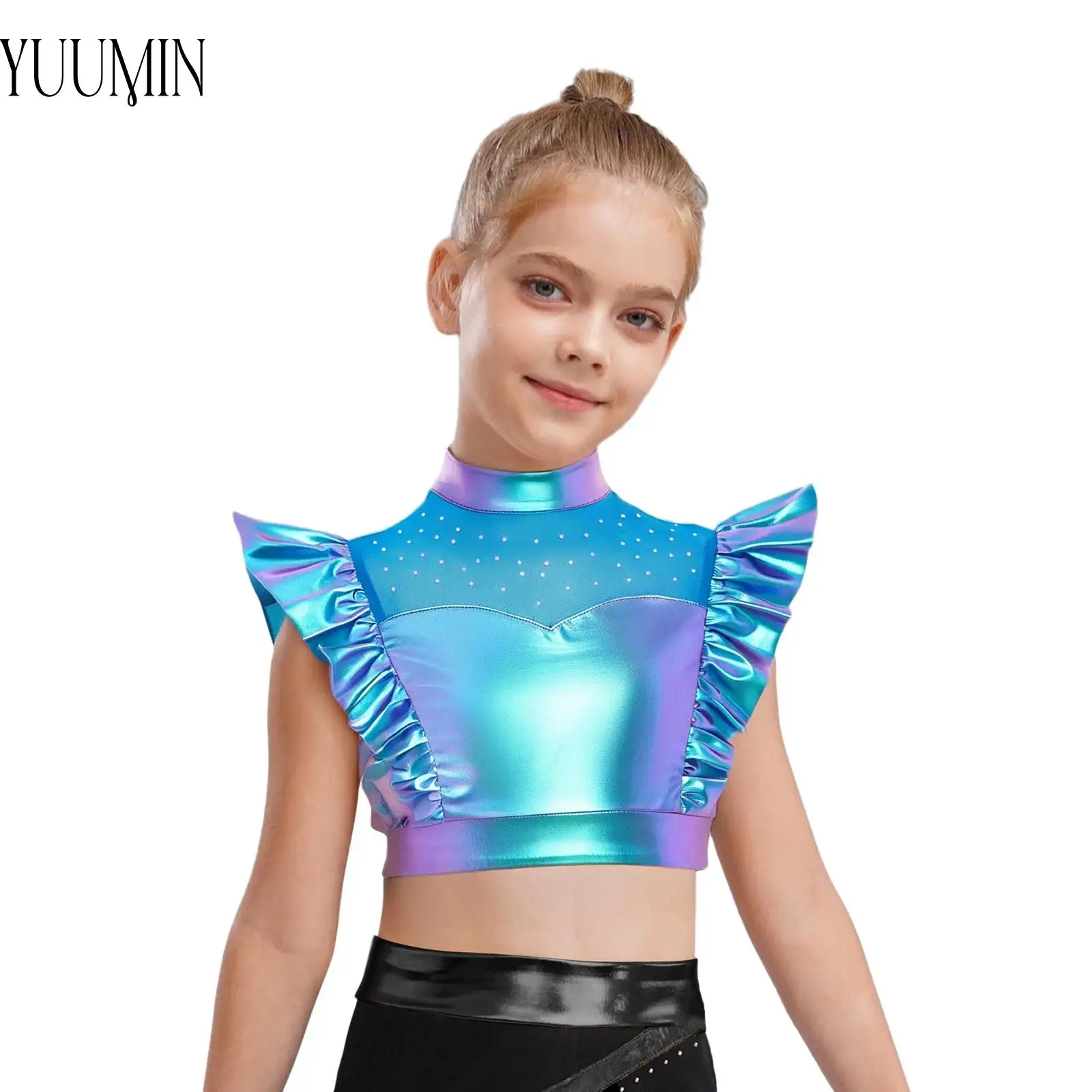

Stylish Kids Girl Modern Contemporary Dance Costume Metallic Tank Tops Rhinestone Mesh Adorned Sleeveless Shiny Ruffle Crop Tops