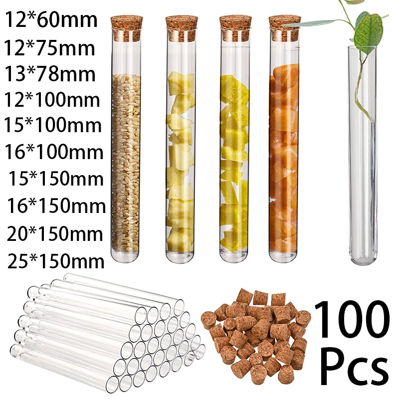 100Pcs Lab Clear Plastic Test Tube Round Bottom Tube Vial With Wood Cork Storage Boxes