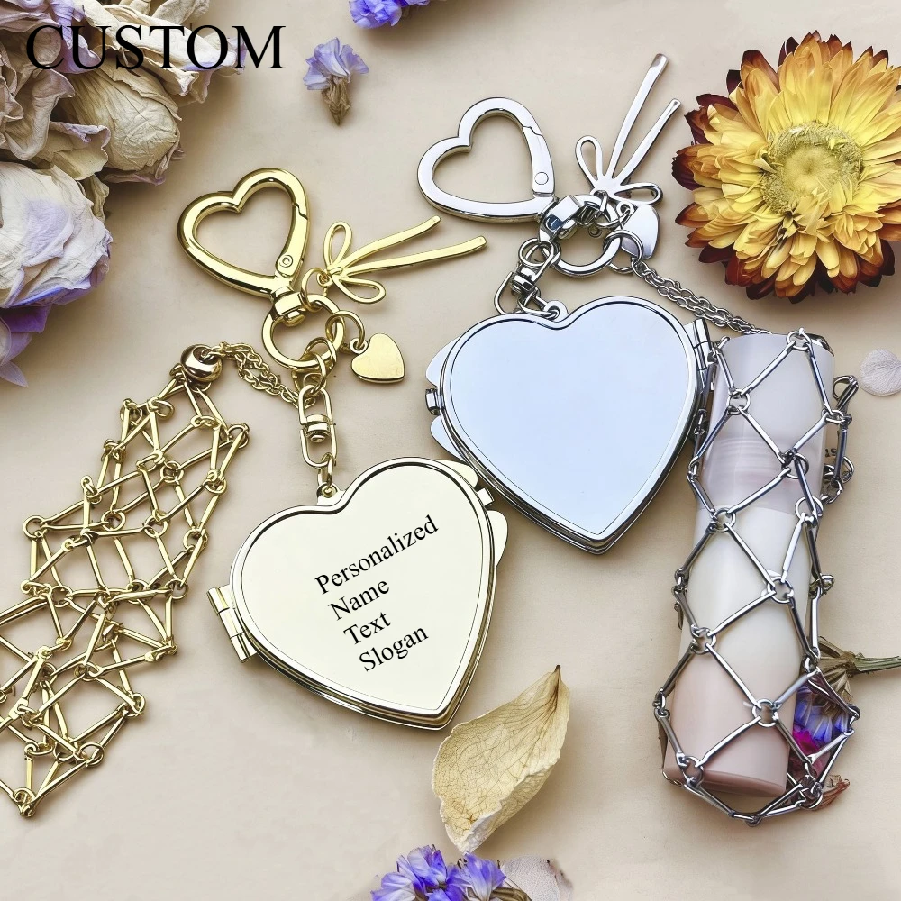 

Custom Ins Style Women's Fashionable Lipstick Storage Metal Car Keychain Backpack Keyring Mirror Mesh Bag Creative Pendant Gift