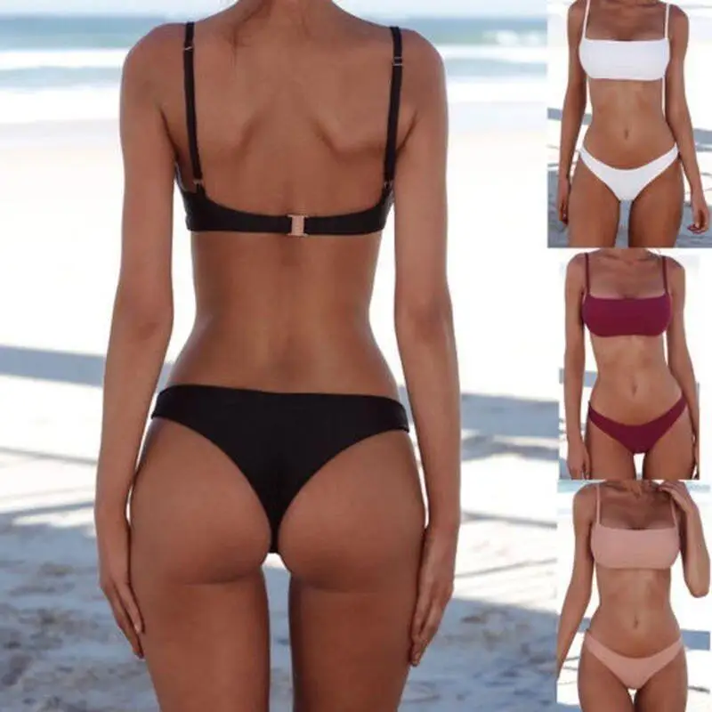 Neues Damen-Bikini-Set, einfarbig, zweiteiliger Badeanzug, sexy Strand-Bademode mit Spaghettiträgern und gepolstertem BH, Sommer-Badeanzug – Detail 5
