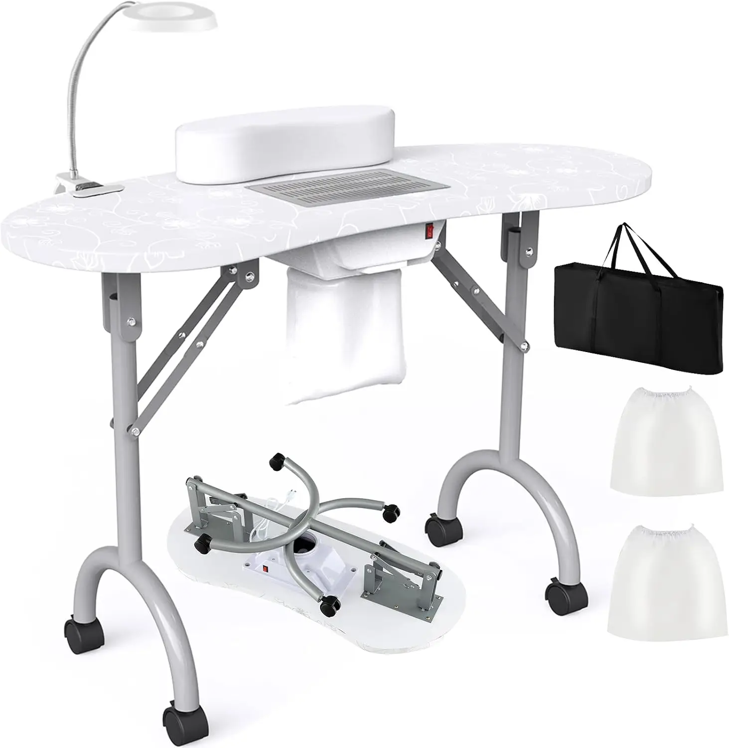 Mobile Manicure Desk Nail Table All In One With Electric Dust Collector LED Nail Lamp Wrist Cushion Carry Bag Universal Mute Whe