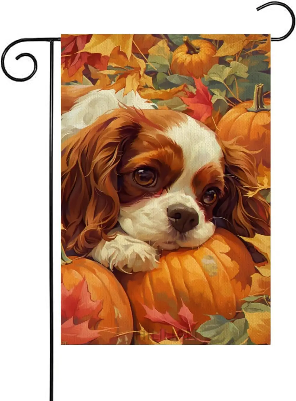 Cavalier-King-Charles Spaniel Leaning Over The Pumpkins Garden Flag 12x18 Double Sided, Burlap Small Fall Leaves Garden Yard uui
