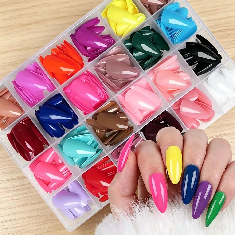 576Pcs 24Colors Medium Almond Press On Nails Glossy Solid Colors Full Cover Fake Nails Tips Summer Reusable False Fingertips TD