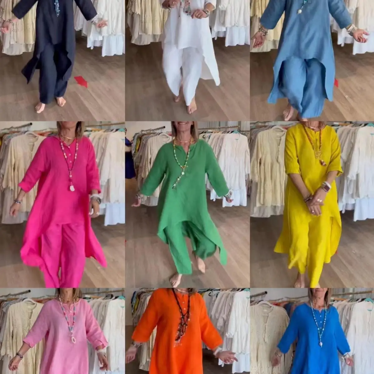 

Women's Long Sved Cotton Linen Suit Seven-Quarter Sleeve Pure Color Splice Fashionable Three-Piece Set Intellectual Style Sum...