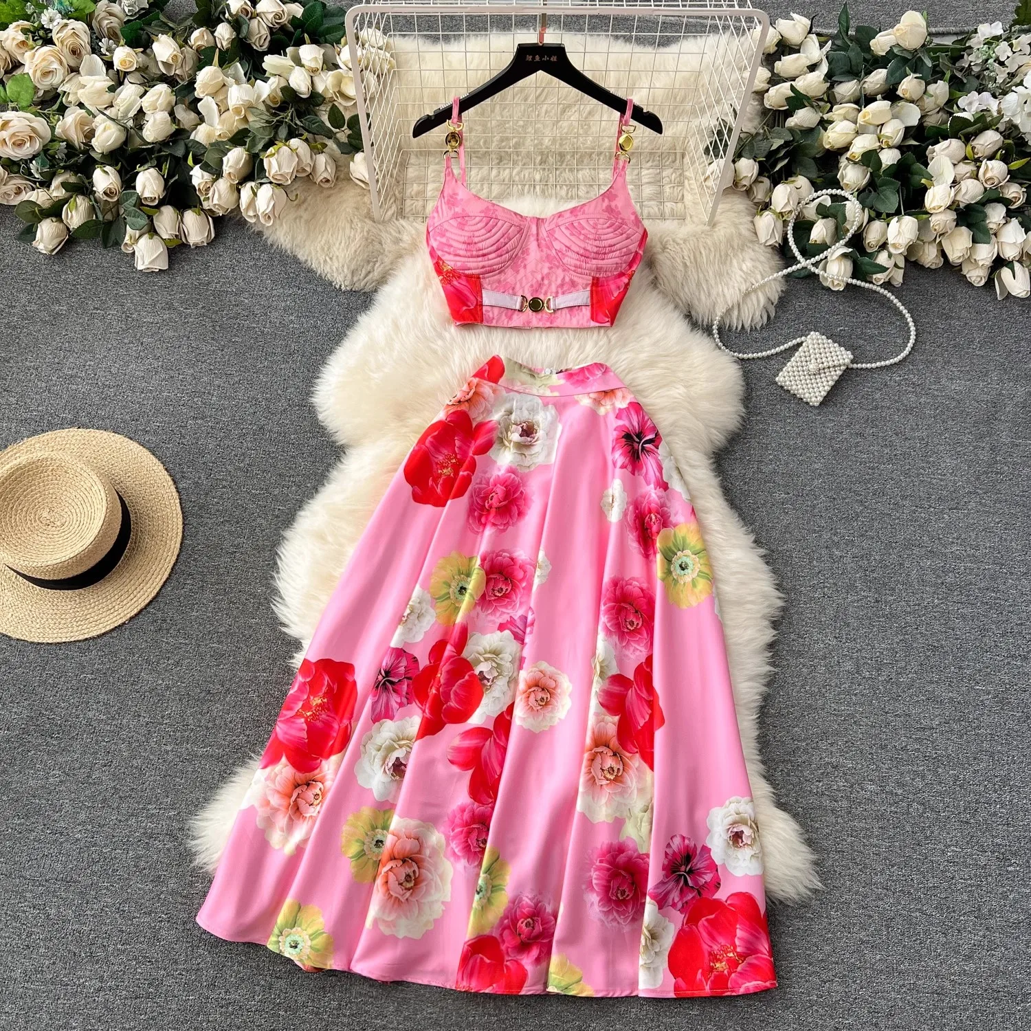 Runway Floral Two-piece Set For Women Summer Sexy Crop Tops Print A Line Maxi Long Skirts Suits Beach Outfits