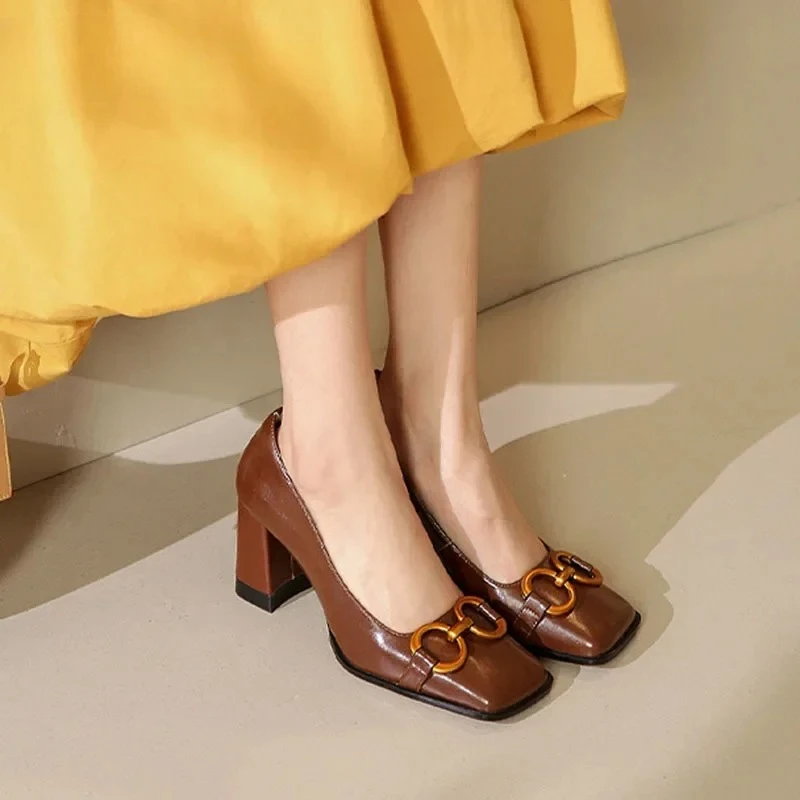 Spring Women Pumps Square Buckle Shallow Square Head Versatile Patent Leather Single Shoes Medium Thick Heels Retro Laides Shoes