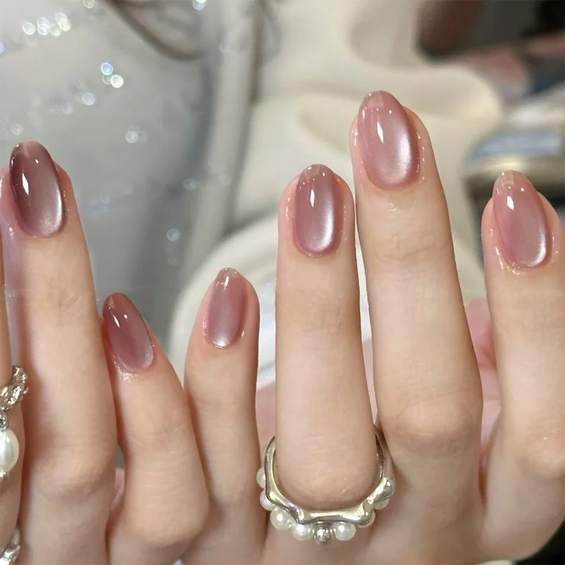 24pcs Simple Almond Press on Nails Tips Blush Design False Nails Art Datachable Short Oval Stick on Fake Nail for Woman Manicure