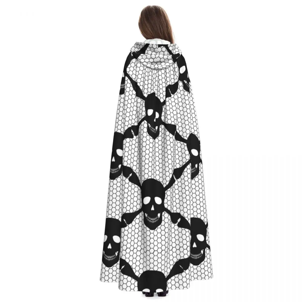 Lace Seamless Pattern Of Black Skulls Adult Cloak Cape Hooded Medieval Costume Witch Wicca Vampire Elf Purim Carnival Party image 4