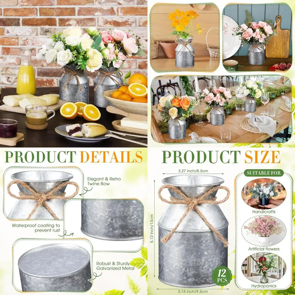 

Набор из 12 металлических ваз в стиле фермерского дома, оцинкованные кувшины для молока с деревенскими бантомами для декора дома и свадебных композиций