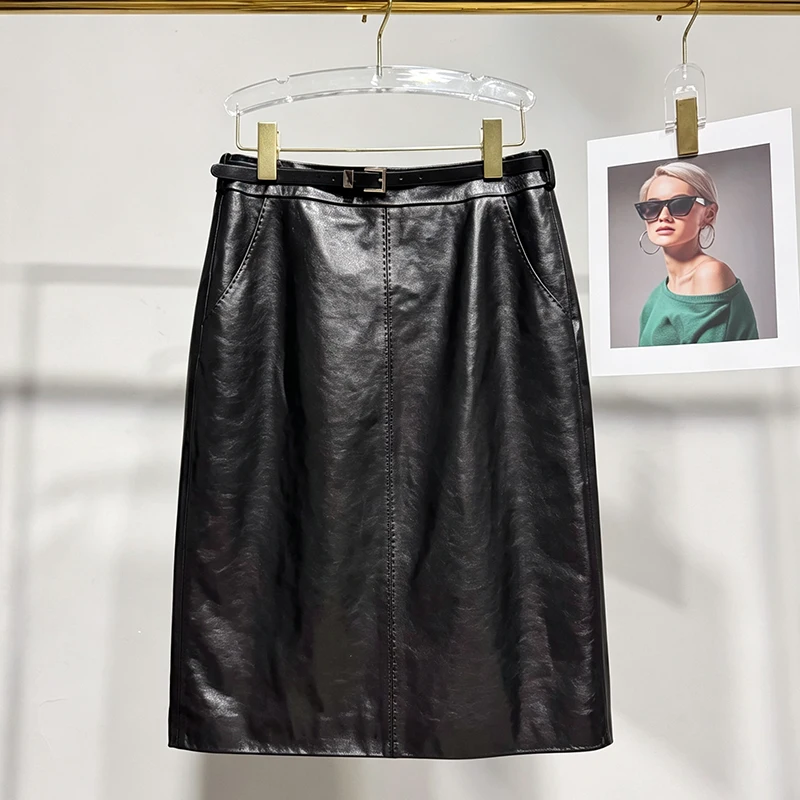 High Waist Belted Genuine Waxed Leather Midi Skirt Autumn Winter Women Sheepskin Straight Pencil Skirt With Pockets Faldas Mujer