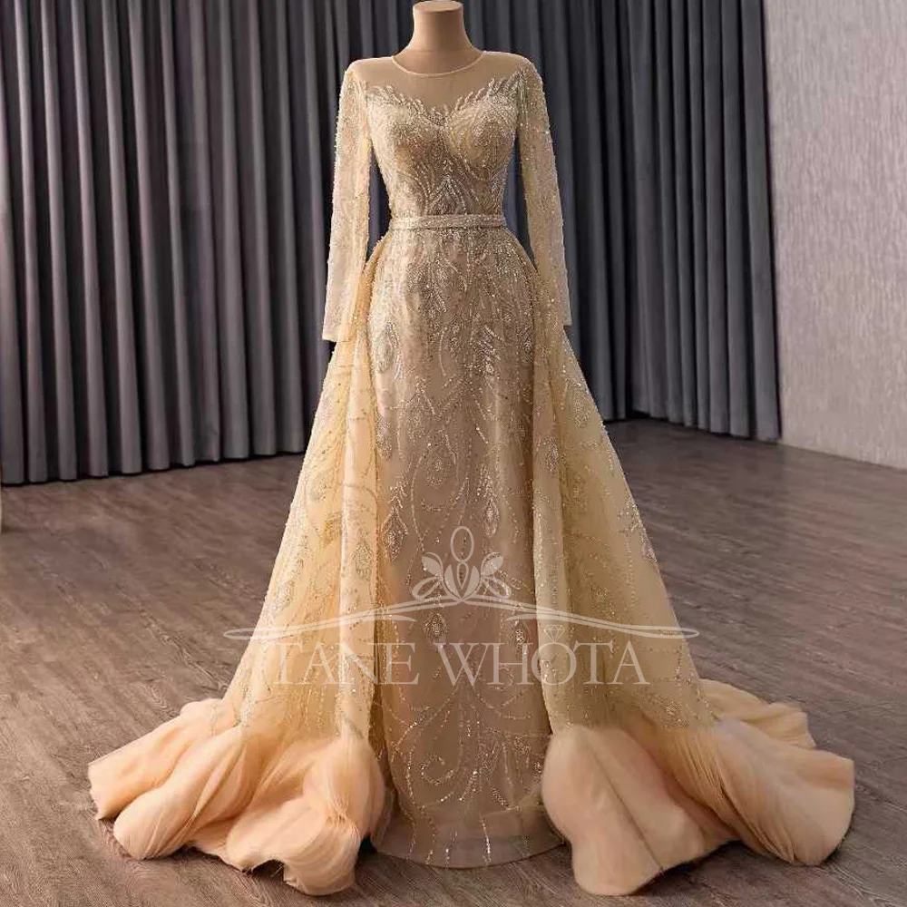 

Gold Evening Dress O-Neck Long Sleeves Zipper Sheath Style Robes De Soirée With Detachable Train Beading Sequined Customizable