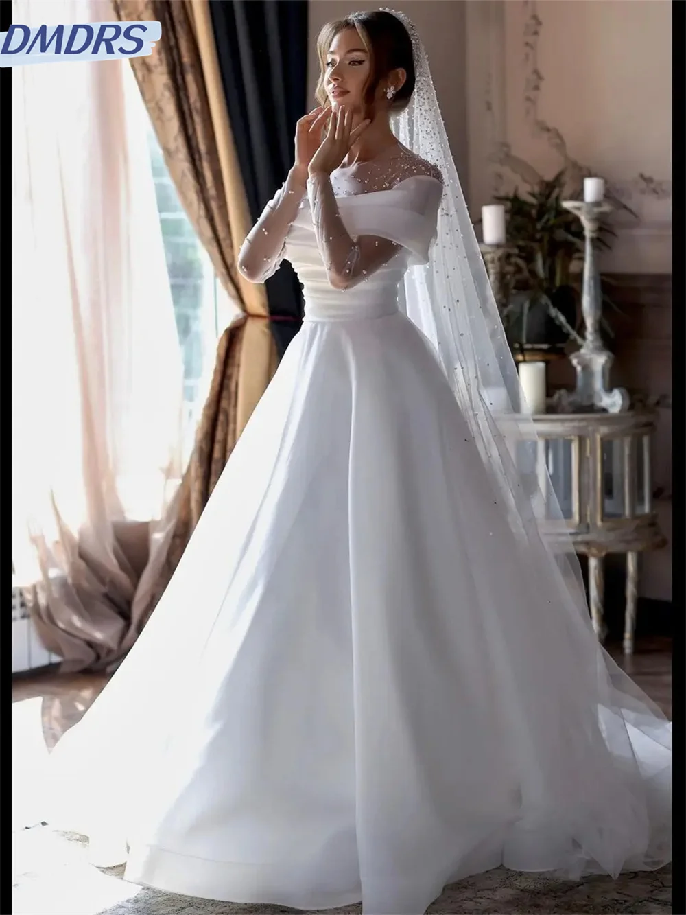 Elegant Beaded Wedding Dresses Charming Evening Dress 2024 Classic Long Sleeve Floor Length Bridal Gown Vestidos De Novia