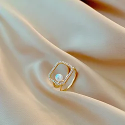 Fashion Gold Color Niche Design Ring Hollow Opening Ring Pearl Ring Ladies Wedding Banquet Jewelry