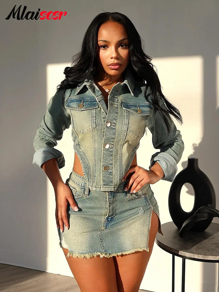 Mlaiscsr Vintage Washed Denim Stretch Open Side 2 Two Pieces Women Sets Jean Jacket and Mini Skirts Birthday Club Street Outfits