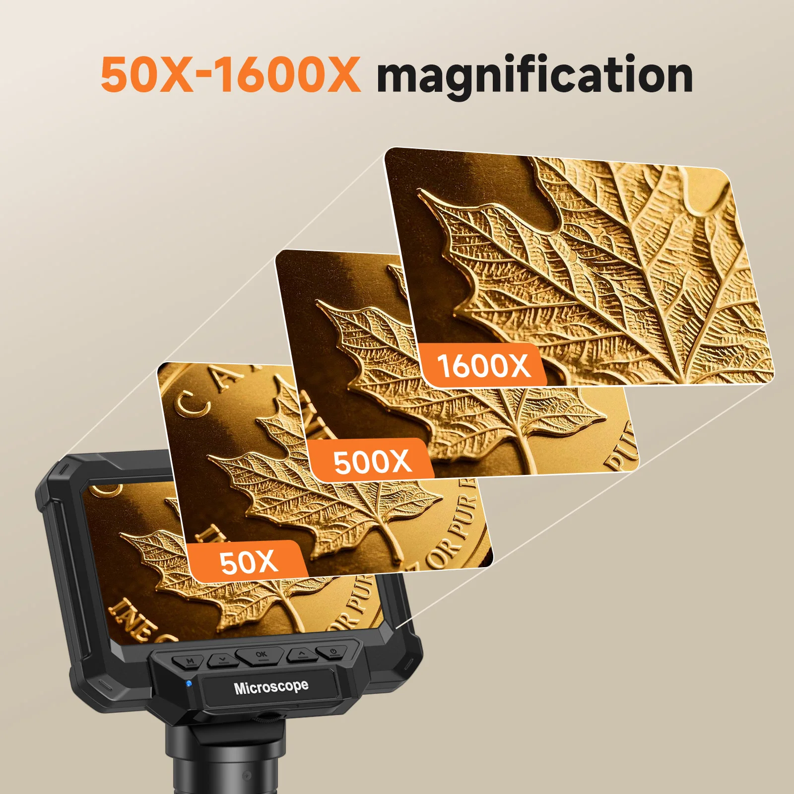 Digital Microscope with 4.3inch IPS Screen 1600X Coin Mirroscope with Lights 1920P HD Video Microscope for PCB, Coins, Plants