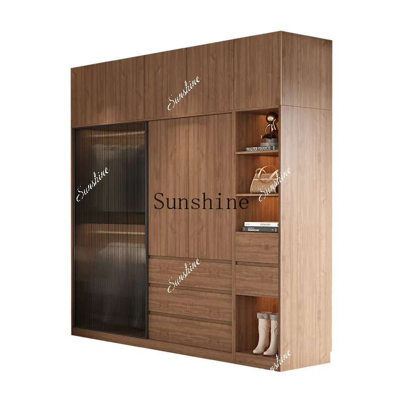 Nordic wardrobe modern simple glass sliding door assembly solid wood granular board  FT