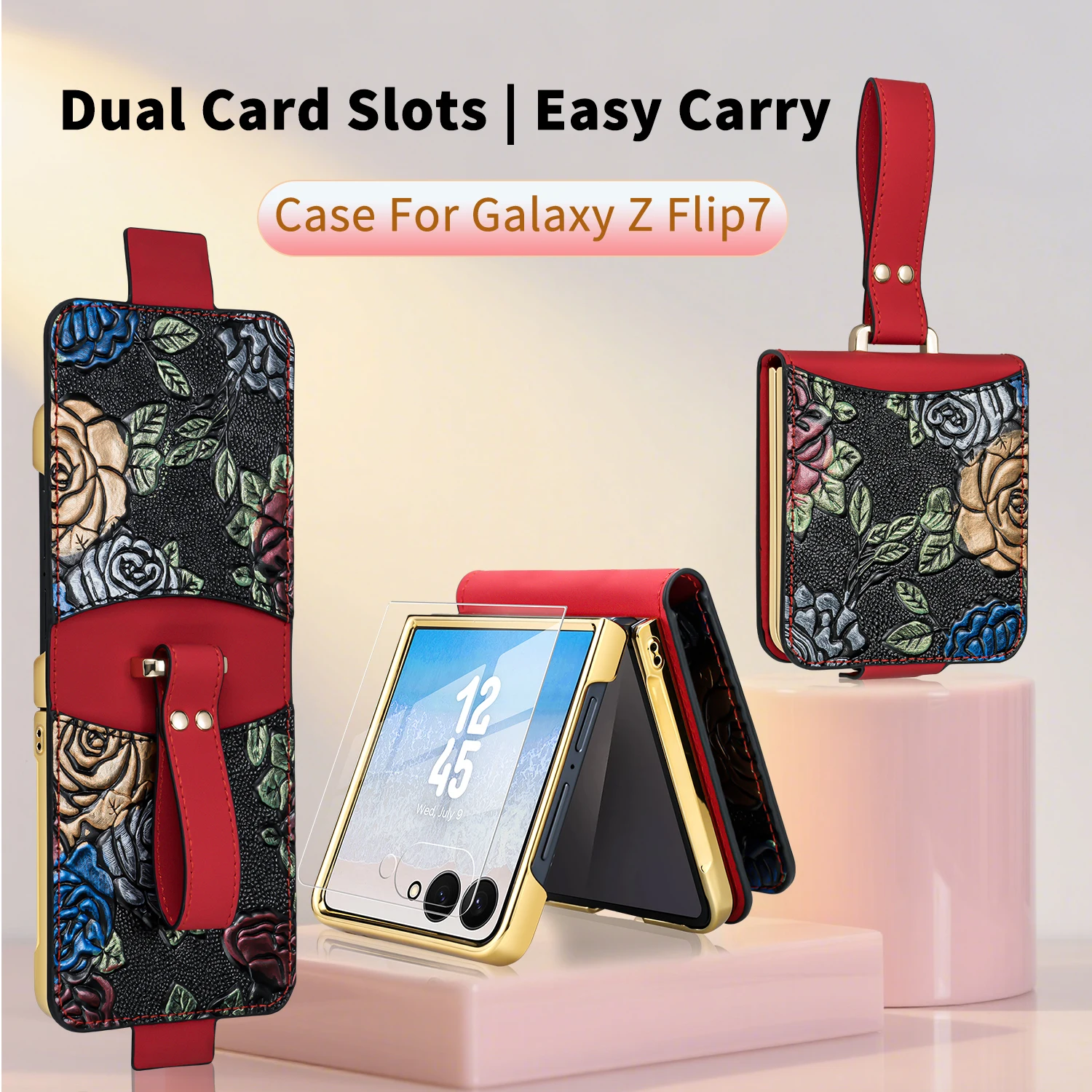 VIETAO PU-Leder Handyhülle für Galaxy Z Flip 8/7/6/5/4/3 mit Kartenfächern und Handschlaufe 3D-Relief-Malerei Kompatibel mit Mu