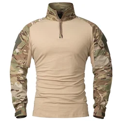Men's Long Sleeve Combat Shirt 1/4 Zipper Ripstop Cotton Tactical Shirts Camoufalge Airsoft T Shirts Wear Resistant