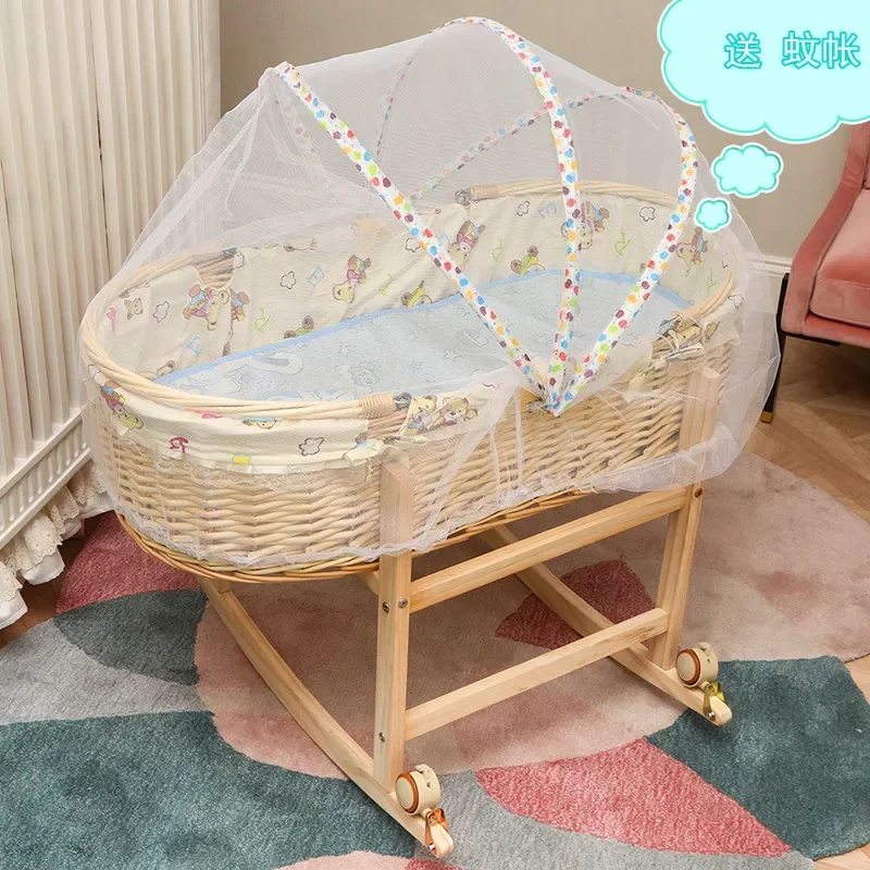 Cradle Bed Woven Rattan Newborn Baby Basket Portable Carrying Basket Baby Crib Solid Wood Car Hand-held Blue Wheel Mosquito Net