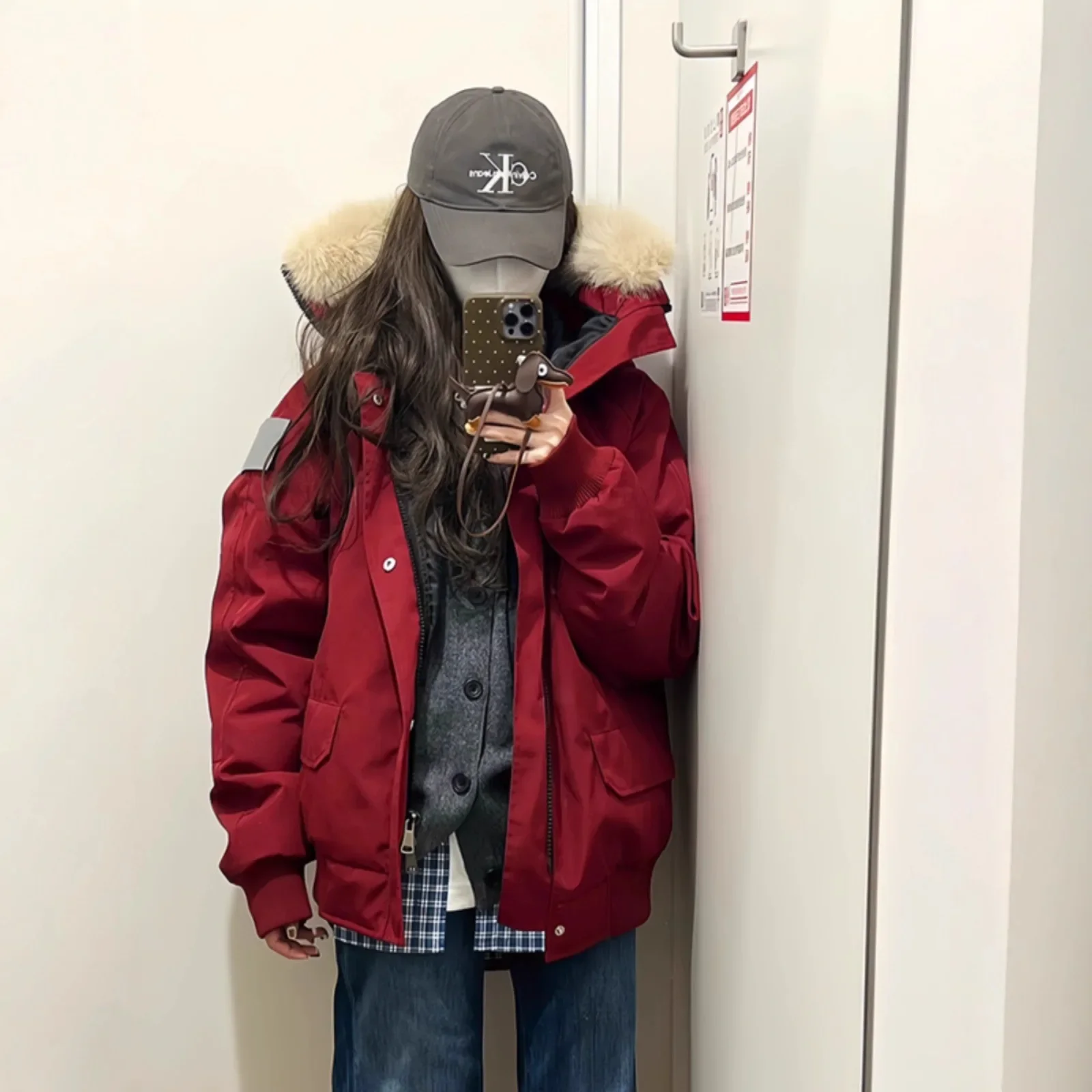 

Women's Small Size Korean Style Couple Large Fur Collar Parka Coat Long Sleeve Winter Thickened Workwear down Cotton Jacket