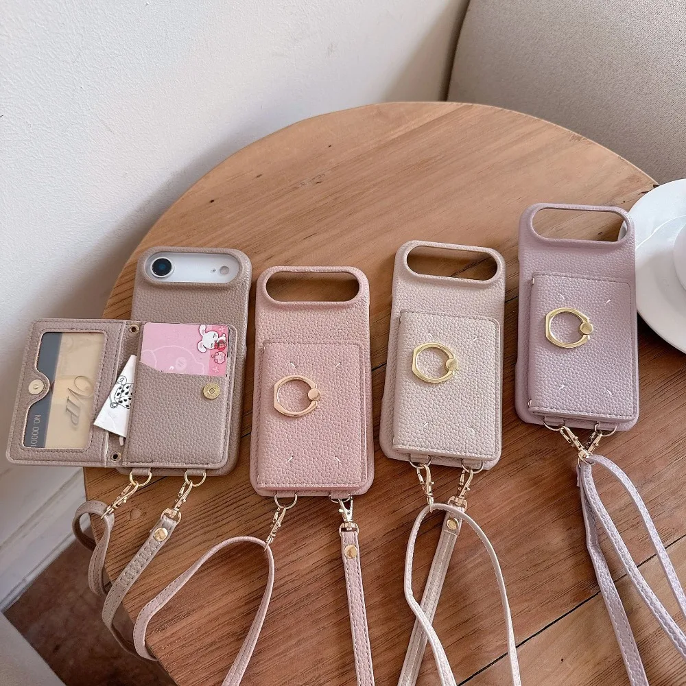 

Кожаный чехол-кошелек с отделением для карт через плечо для iPhone 17 Air 16 Plus 15 14 13 12 11 Pro Max, противоударный чехол с кольцом-держателем